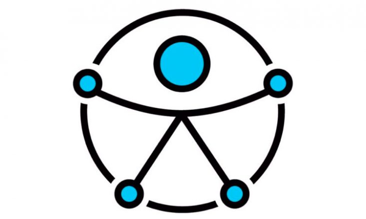 Um círculo preto com uma pessoa ao centro, de braços abertos, e cinco pequenos círculos azuis nas duas mãos, nos dois pés e na cabeça.